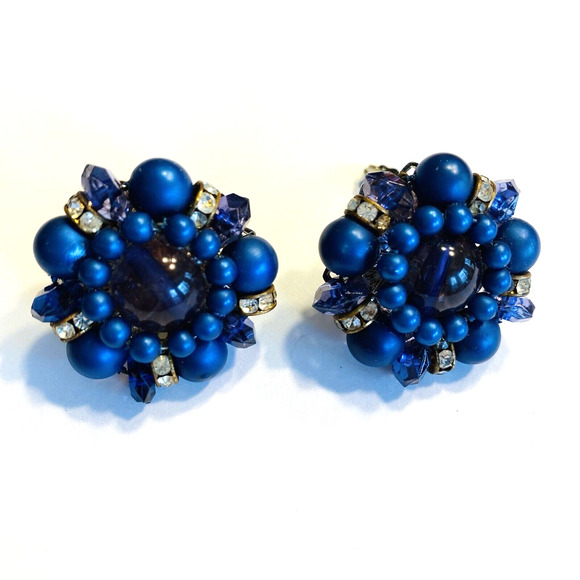 Vintage Mid Century Clip On Earrings Blue Bead & White Rhinestones Clusters - Picture 7 of 8